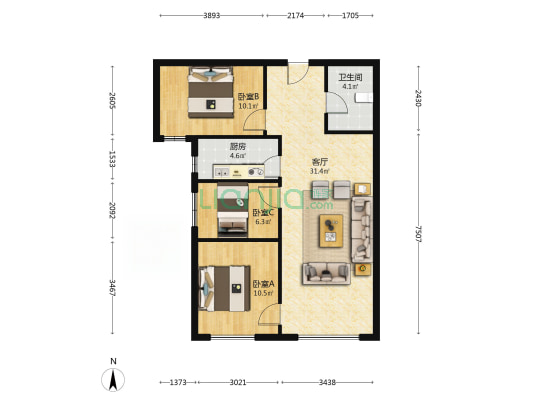 满五年唯一，精装修，拎包入住，全南小三居-户型图