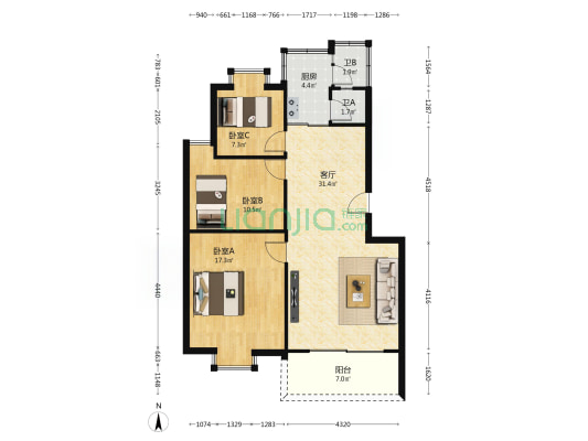 桥东尚苑 3室1厅2卫 92平方