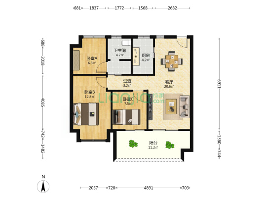 万科联发四季光年 3室1厅1卫 89平方
