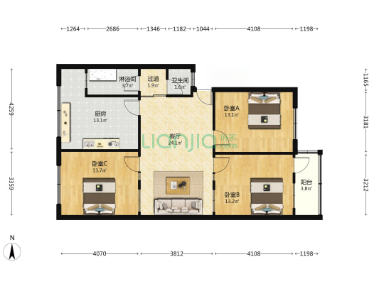 文广新局家属院 3室1厅2卫 106平方