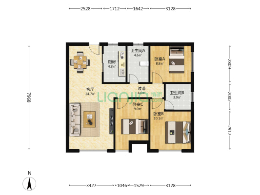鑫铁大厦 3室1厅2卫 109平方