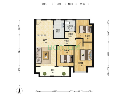 万科星光世纪 3室1厅1卫 88平方