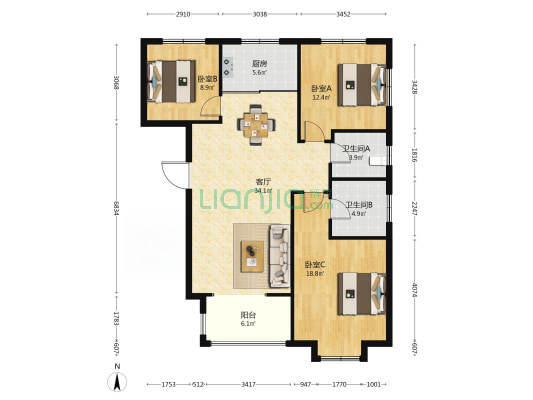 旺角花园 3室1厅2卫 136平方