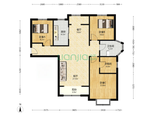 南北通透三居，中高楼层，采光无遮挡-户型图