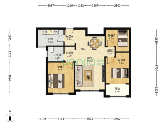 国信国际公馆二期 3室1厅1卫 102平方