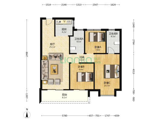 中关村动漫城 3室1厅2卫 108平方