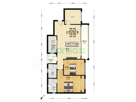 中海天府里天际二期 2室1厅2卫 121平方