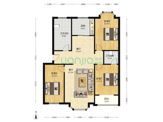 南北通透大三局，采光无遮挡，视野开阔-户型图