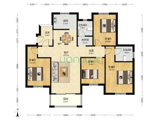 福瑞花园B区 4室1厅3卫 129平方