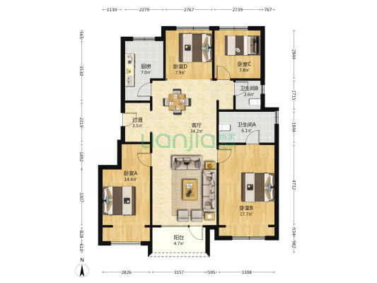 万科翡翠之光2期A区 4室1厅2卫 123平方