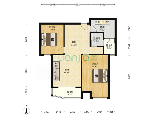 御景园  大两居 高楼观景 精装修 满二 随时看房-户型图