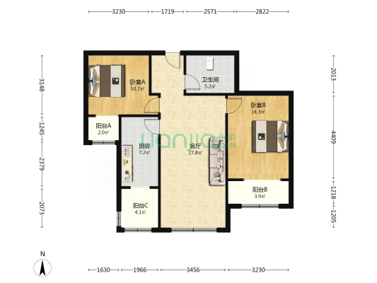 金竹花园，满五不唯一，空中花园，采光还可以，毛坯房-户型图