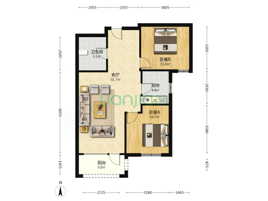 西丁双塔两居室，双阳台，中间层-户型图