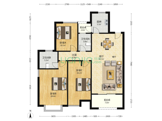 名门郡景东苑 3室1厅2卫 155平方
