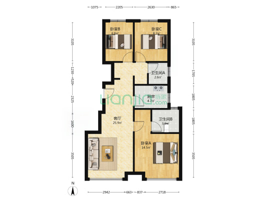 华远海蓝城二期 3室2厅 南 北-户型图