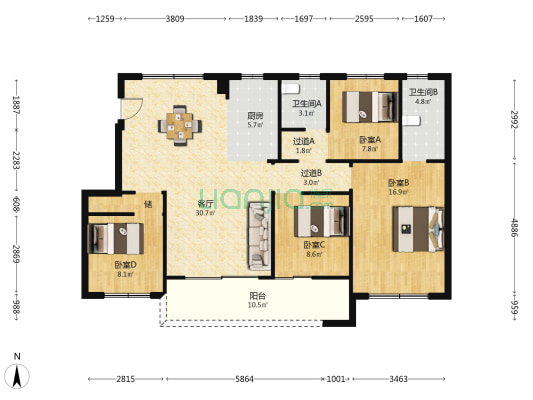 美的云开东方 4室1厅2卫 118平方