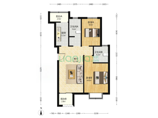会山居 2室1厅2卫 83平方