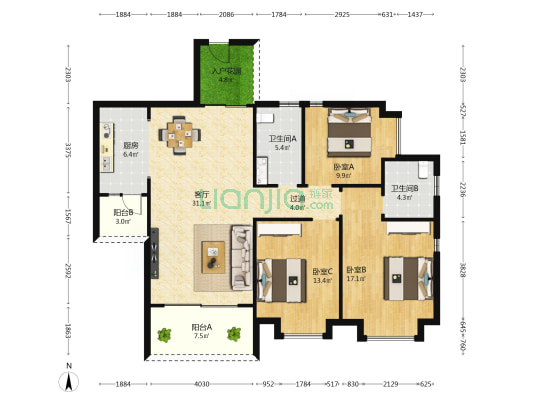 政协小区 3室1厅2卫 128平方