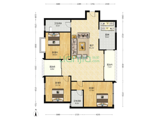 雅宝新城雅宝名居(八区） 3室1厅2卫 155平方