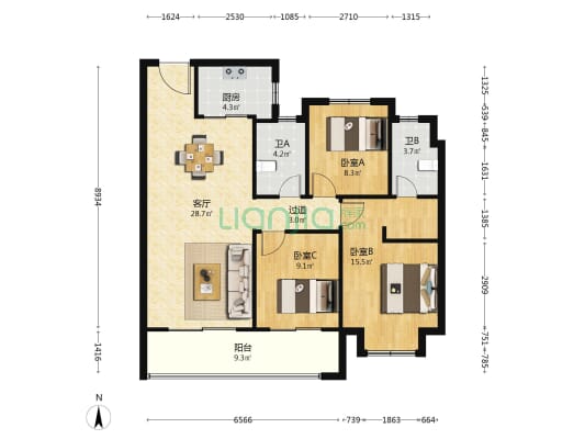 世茂璀璨万镜 3室1厅2卫 116平方
