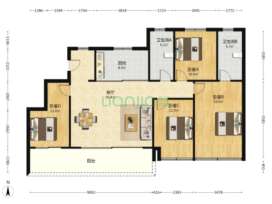 山云轩 4室1厅2卫 143平方