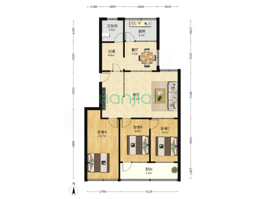 山东省税务学校家属院 3室2厅1卫 105平方
