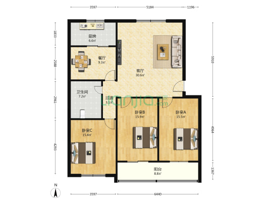 农机公司家属院 3室2厅1卫 136平方