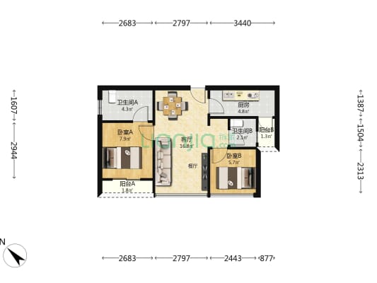 龙光玖龙台三期(公寓) 2室1厅2卫 72平方