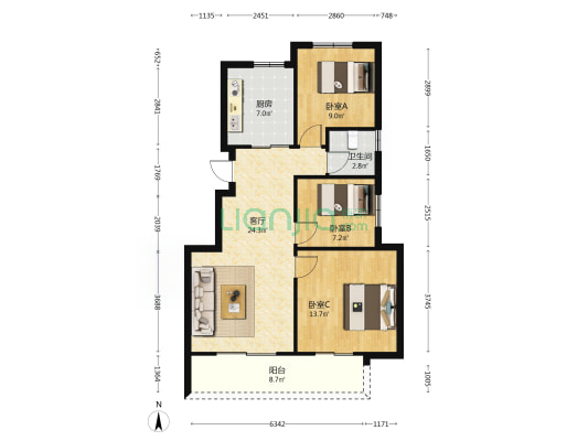 悦熙澜庭 3室1厅1卫 90平方