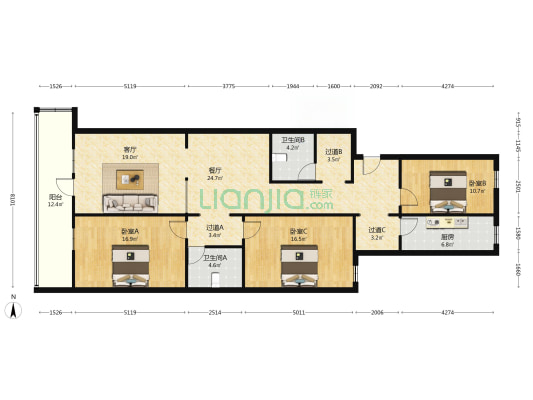 顺通小区 3室2厅 东 西-户型图