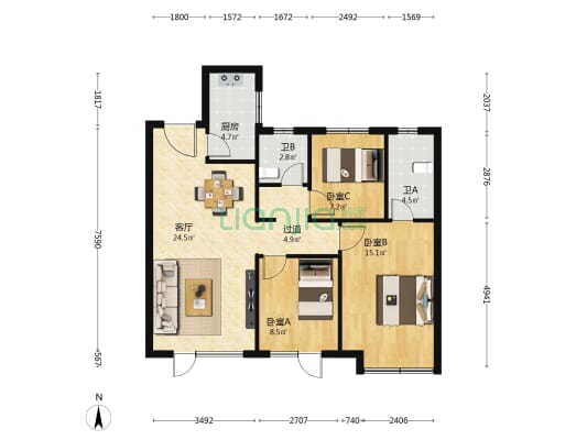 东胜未来云 3室1厅2卫 108平方