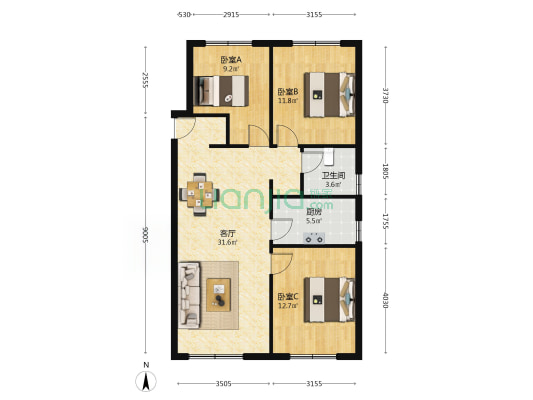 万科明日之光B区 3室1厅1卫 90平方