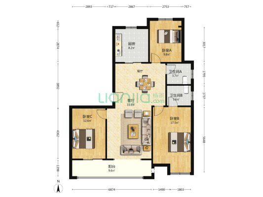 御湖园 3室1厅2卫 127平方
