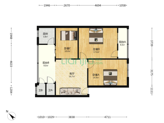 和兴街3号 3室1厅2卫 86平方