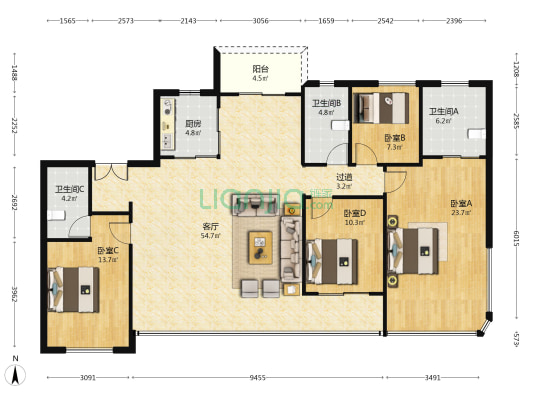 天健麓湖天境 4室1厅3卫 175平方