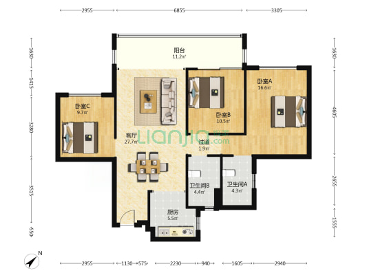 龙湖光年天玺 3室1厅2卫 104平方