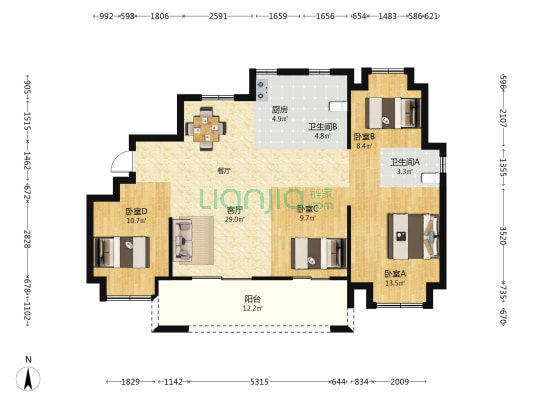 翰林公馆 4室1厅2卫 118平方