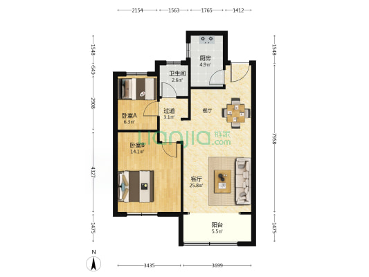 汉景澜园 2室1厅1卫 90平方