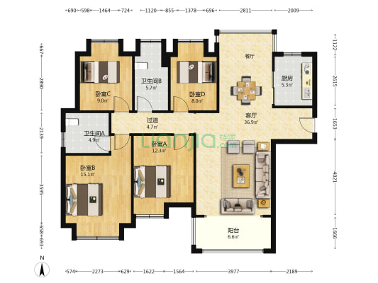 天汇龙城龙枫苑（七期） 4室1厅2卫 140平方