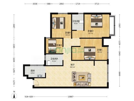紫郡府西区 4室1厅2卫 119平方