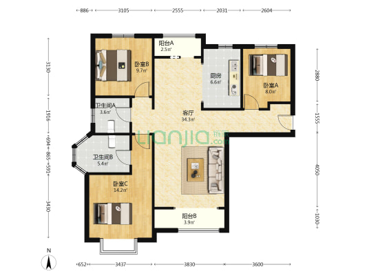 南北通透大三居 中高楼层 视野很棒 有钥匙-户型图