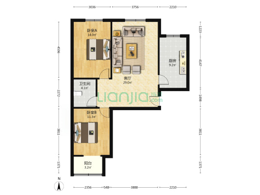 此房电梯房，中间楼层，精装修大两居。-户型图