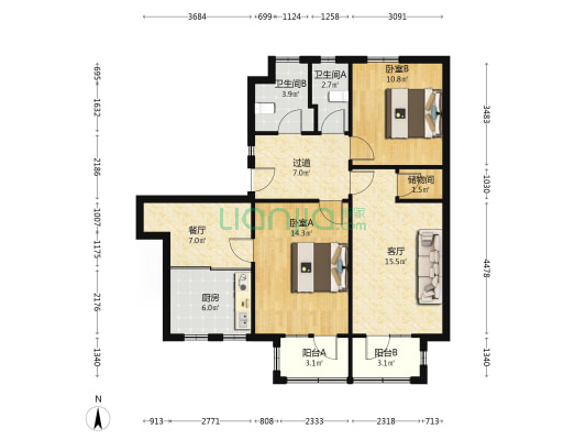 矿山局家属楼南院 2室2厅 南 北-户型图