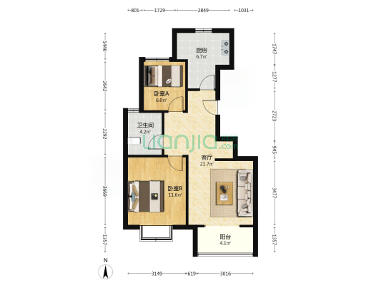 一梯两户，通透两居，简装，房本满二-户型图