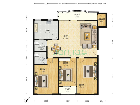 海口海关红城湖宿舍 3室1厅2卫 115平方