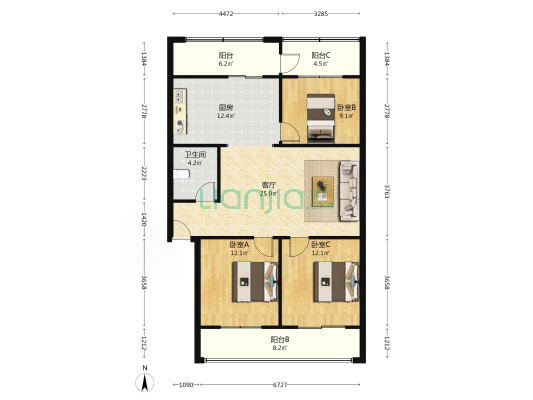 开发区范阳路南侧中间层三居适合三口之家-户型图