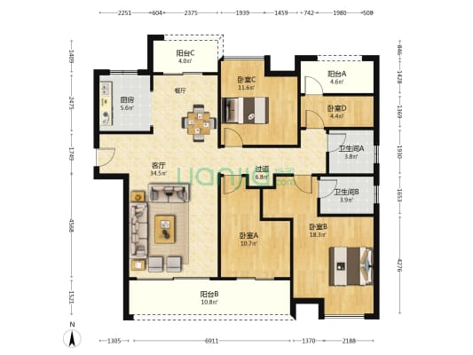 轨道中建麓江府 4室1厅2卫 143平方