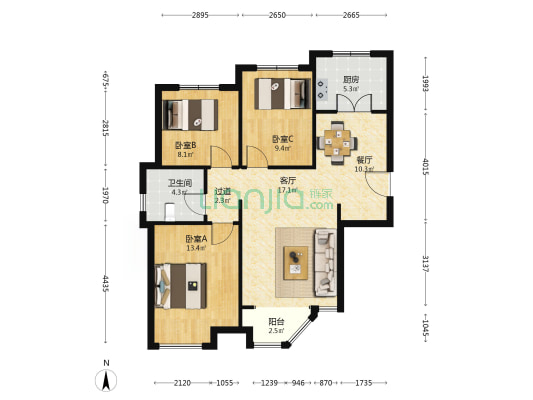 州河湾北园南区 3室2厅1卫 105平方