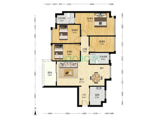 碧桂园松湖明珠 4室1厅2卫 107平方