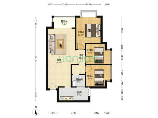 坡博家园二区 3室1厅1卫 90平方